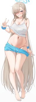 1girl absurdres areola_slip asuna_(blue_archive) blonde_hair blue_archive blue_eyes blue_halo blue_nails blue_ribbon blue_scrunchie blush breasts camisole cleavage clothes_lift clothes_pull commentary_request crop_top dolphin_shorts full_body grin hair_over_one_eye halo hayasi_iru highres large_breasts lifting_own_clothes long_hair looking_at_viewer micro_shorts midriff mole mole_on_breast nail_polish navel no_bra no_panties pulling_own_clothes ribbon scrunchie shirt_lift short_shorts shorts shorts_pull simple_background smile solo spaghetti_strap standing thighs toenail_polish toenails underboob very_long_hair white_background white_camisole wrist_scrunchie