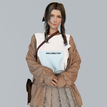 1girl 3d absurdres aerith_gainsborough alternate_costume ashley_swidowski bag blue_ribbon brown_coat brown_hair brown_skirt casual coat final_fantasy final_fantasy_vii final_fantasy_vii_remake green_eyes grey_background hair_ribbon highres long_hair long_sleeves looking_at_viewer own_hands_together parted_bangs print_shirt ribbon shirt shoulder_bag sidelocks silverelitist skirt solo square_enix white_shirt