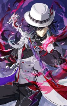 Rule 34 | 1boy, ashveil (honkai: star rail), black hair, black pants, black shirt, cane, commentary request, crescent, crescent pin, fedora, gloves, gradient hair, hat, hat ornament, highres, holding, holding cane, honkai: star rail, honkai (series), ikenotori, jacket, jewelry, lapel pin, long sleeves, male focus, multicolored hair, necklace, pants, purple eyes, shirt, single glove, solo, tooth necklace, turtleneck, twitter username, watermark, white gloves, white hair, white hat, white jacket