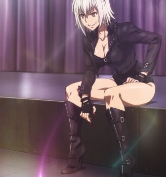 >:) 1girl belt_boots boots breasts brown_eyes cleavage curvy gloves high_heel_boots high_heels highres jacket killing_bites leather leather_boots leather_jacket long_sleeves shiny_clothes short_hair silver_hair sitting smirk stiletto_boots stitched third-party_edit uzaki_hitomi