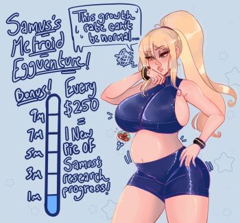 1girl breasts female_focus growth highres huge_breasts large_breasts metroid nintendo pregnant samus_aran sideboob slickpens solo tagme