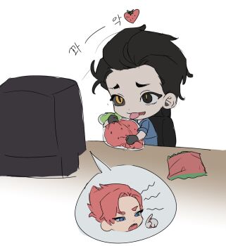 2boys black_eyes black_gloves black_hair black_sclera blue_eyes blue_jacket cheat_(guardians_of_the_videogame) chibi chibi_only chips_(food) colored_sclera commentary_request eyebrow_cut fangs food fruit gloves guardians_of_the_videogame heterochromia highres jacket korean_commentary male_focus manua1s monitor mullet multiple_boys open_mouth pale_skin patch_(guardians_of_the_videogame) red_hair short_hair simple_background slit_pupils speech_bubble spiked_hair strawberry sweatdrop table tongue tongue_out white_background yellow_eyes yellow_pupils