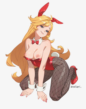 1girl animal_ears bare_shoulders breasts commentary dnaitari english_commentary fake_animal_ears fishnet_pantyhose fishnets full_body high_heels highres leotard long_hair medium_breasts nipples panty_&amp;_stocking_with_garterbelt panty_(psg) pantyhose playboy_bunny rabbit_ears rabbit_tail red_leotard simple_background solo strapless strapless_leotard tail white_background