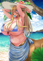 10s 1girl armpits arms_up bangle beach belly bikini blonde_hair blue_bikini blue_eyes bracelet breasts centaur centorea_shianus cleavage cloud collar covered_erect_nipples day female_focus flower gigantic_breasts hat hibiscus highres huge_breasts jewelry long_hair looking_at_viewer monster_girl monster_musume_no_iru_nichijou navel niu_ju_(orange_bull) otzer outdoors palm_tree plump pointy_ears ponytail sand sarong sky smile solo straw_hat swimsuit taur tree water
