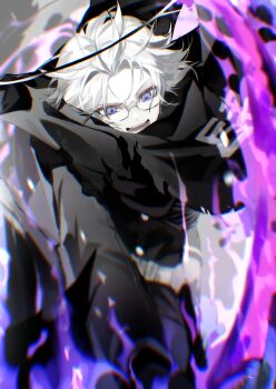 Rule 34 | 1boy, absurdres, aotsuki eito, belt, black cloak, black halo, black jacket, blue eyes, chinese commentary, chromatic aberration, cloak, commentary request, evil grin, evil smile, eyeshadow, fire, gakuran, glasses, grey hair, grin, halo, highres, holding, holding scythe, jacket, last defense academy school uniform, looking down, makeup, male focus, open mouth, purple eyes, purple fire, red eyeshadow, school uniform, scythe, short hair, skgwyu, smile, solo, spoilers, the hundred line -last defense academy-, white belt