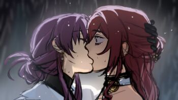 2girls alien_stage black_gloves closed_eyes commentary english_commentary gloves hair_bun highres himeko_(honkai:_star_rail) honkai:_star_rail honkai_(series) kafka_(honkai:_star_rail) kirsche_(k1rsch33) kiss long_hair multiple_girls purple_hair rain red_hair yuri