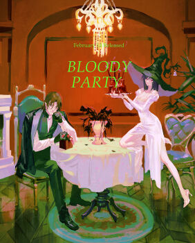 1boy 1girl black_gloves black_jacket black_vest blood_on_food breasts brown_hair cake chandelier cleavage closed_mouth commentary dress english_commentary english_text food genderswap genderswap_(mtf) gift gloves gundam gundam_00 hat hat_bell high_heels highres huangdanlan indoors jacket jacket_on_shoulders lockon_stratos plant potted_plant purple_hair red_eyes shoes short_hair sitting table tablecloth tieria_erde vest white_dress white_shoes witch_hat