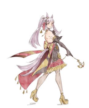 1girl anchor animal_ears asymmetrical_dress asymmetrical_gloves bare_shoulders black_dress black_gloves blunt_bangs breasts commentary dress ear_ornament elbow_gloves evening_gown full_body gloves gold_sandals gold_ship_(la_mode_564)_(umamusume) gold_ship_(umamusume) grey_hair highres horse_ears horse_girl horse_tail jewelry junglespocket long_hair looking_at_viewer necklace official_alternate_costume official_alternate_hairstyle pantyhose ponytail purple_eyes sandals simple_background smile solo tail umamusume white_background