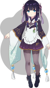 Rule 34 | 1girl, anime coloring, apron, black hair, blue boots, blue eyes, blunt bangs, blush, boots, closed mouth, colored inner hair, frilled apron, frills, full body, grey background, hair ribbon, haizakura (prima doll), japanese clothes, kimono, long hair, looking at viewer, low-tied sidelocks, multicolored hair, na-ga, official art, omamori, open hands, outstretched arm, pantyhose, pink hair, pink ribbon, prima doll (anime), purple kimono, purple pantyhose, ribbon, short kimono, sidelocks, solo, standing, two-tone background, two-tone hair, two side up, waist apron, white apron, white background, wide sleeves