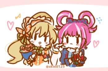 Rule 34 | 2girls, akmd125, bouquet, butterfly hat ornament, celine (fire emblem), celine (love's aroma) (fire emblem), chibi, chibi only, dress, facial mark, fire emblem, fire emblem engage, fire emblem heroes, flower, folded twintails, hair rings, hat ornament, heart, heart facial mark, holding, holding bouquet, hortensia (cutesplosion) (fire emblem), hortensia (fire emblem), lowres, multicolored tiara, multiple girls, nintendo, official alternate costume, pink hair, yellow dress