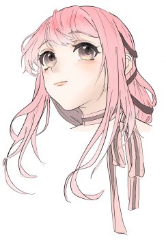 Rule 34 | 1girl, black ribbon, bow, bow choker, bowtie, brown eyes, chinese commentary, choker, closed mouth, commentary request, cropped shoulders, eyelashes, hair ribbon, happy, highres, infinity nikki, light blush, lips, long hair, long sidelocks, looking ahead, nikki (nikki), nikki (series), pink bow, pink bowtie, pink choker, pink hair, ribbon, sidelocks, simple background, single stripe, smile, solo, striped bow, striped bowtie, striped choker, striped clothes, tress ribbon, white background, xiyu5737