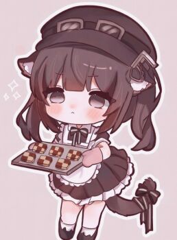 1girl :< animal_ears black_dress black_hair black_hat black_ribbon black_shoes cat_ears cat_girl cat_tail checkerboard_cookie chibi chibi_only commentary_request cookie dress food frilled_dress frills grey_eyes hat highres holding holding_tray kemonomimi_mode kurobe_nanoka long_hair mahou_shoujo_no_majo_saiban mittens myua_(wan_wan_00xx) neck_ribbon oven_mitts pink_mittens ribbon shoes solo tail tail_ornament tail_ribbon tray twintails