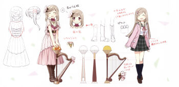 1girl absurdres black_socks blonde_hair blush boots brown_boots brown_shoes closed_eyes dress dual_persona flower hair_bun hair_flower hair_ornament harp highres instrument kurusu_alexandra long_dress long_hair magia_record:_mahou_shoujo_madoka_magica_gaiden magical_girl mahou_shoujo_madoka_magica non-web_source official_art open_mouth pink_dress pink_eyes pink_sweater reference_sheet school_uniform self-scan shirt shoes sidelocks skirt smile socks soul_gem sweater swept_bangs white_background