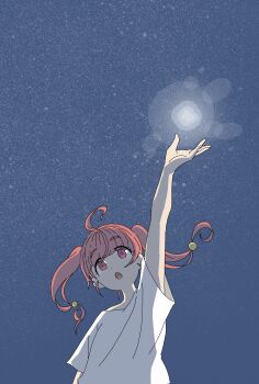 1girl absurdres ahoge anime_coloring arm_up bare_arms blue_sky blunt_bangs commentary_request dot_nose energy_ball eyes_visible_through_hair floating_hair hair_bobbles hair_ornament highres hoshina_hikaru long_hair looking_at_viewer low-tied_long_hair night open_mouth outdoors pink_eyes pink_hair precure shirt short_sleeves sky solo star_(sky) star_twinkle_precure starry_sky t-shirt takahoshi_(yunch327) tareme twintails upper_body white_shirt