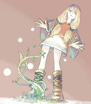 1girl blonde_hair boots closed_mouth dress final_fantasy final_fantasy_tactics full_body geomancer_(fft) grass green_eyes long_hair looking_at_viewer michibata_65 skirt solo twintails wide_sleeves