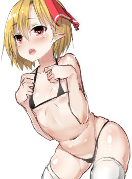 Rule 34 | 1girl, bare shoulders, bikini, blonde hair, blush, bow, bra, breasts, colorized, fang, female focus, greatmosu, hair bow, hair ornament, heart, heart-shaped pupils, highres, looking away, micro bikini, navel, open mouth, panties, pointy ears, red eyes, rumia, simple background, sketch, small breasts, solo, stomach, swimsuit, symbol-shaped pupils, thighhighs, touhou, underwear, underwear only, white background, white thighhighs