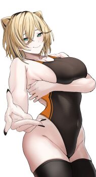1girl absurdres aqua_eyes arm_under_breasts black_streaks blonde_hair breasts closed_mouth competition_swimsuit cone_hair_bun covered_navel cowboy_shot double_bun hair_bun highleg highleg_one-piece_swimsuit highres hololive hololive_dev_is koganei_niko large_breasts looking_at_viewer multicolored_hair one-piece_swimsuit reaching reaching_towards_viewer short_hair si_farid simple_background slit_pupils smile solo streaked_hair swept_bangs swimsuit virtual_youtuber white_background
