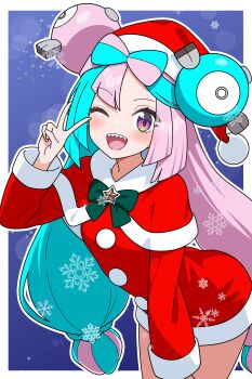 1girl absurdres alternate_costume blue_hair blush bow bow-shaped_hair breasts capelet character_hair_ornament commentary_request dress fur-trimmed_capelet fur-trimmed_dress fur-trimmed_headwear fur_trim green_bow hair_ornament hat highres iono_(pokemon) jacket long_hair long_sleeves looking_at_viewer multicolored_hair nintendo odorukaminoke one_eye_closed open_mouth pink_hair pokemon pokemon_sv red_capelet red_dress red_hat santa_costume santa_dress santa_hat sharp_teeth smile snowflakes solo split-color_hair teeth two-tone_hair v yellow_jacket
