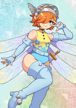 1girl aqua_eyes artist_name belt blue_belt blue_boots blue_gloves boots bright_pupils buttons closed_mouth commentary elbow_gloves english_commentary fairy_wings fingerless_gloves floral_print floral_print_leotard freydraws gallica_(metaphor:_refantazio) gloves hair_over_one_eye helmet highres leotard looking_at_viewer metaphor:_refantazio multicolored_leotard multiple_wings orange_hair pointy_ears sheath sheathed smile solo standing standing_on_one_leg sword two-tone_leotard w weapon white_pupils wings