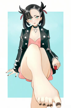 1girl absurdres asymmetrical_bangs barefoot black_choker black_hair black_jacket black_nails blush border breasts choker cl_(summer_sama) dress earrings feet foot_focus green_eyes highres holding holding_poke_ball jacket jewelry legs looking_at_viewer marnie_(pokemon) nail_polish nintendo open_mouth pink_dress poke_ball poke_ball_(basic) pokemon pokemon_swsh single_earring sitting small_breasts thighs toenail_polish toenails toes twintails undercut white_border