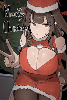1girl alternate_breast_size_(larger) animal_ears azz0422 bare_shoulders breasts brown_hair christmas commentary dress droopy_ears english_text fox_ears fox_girl fur-trimmed_headwear fur_trim hat highres huge_breasts large_breasts long_hair looking_at_viewer red_eyes santa_costume santa_dress santa_hat symbol-only_commentary very_long_hair ye_shunguang ye_shunguang_(touch_of_dawnlight) zenless_zone_zero