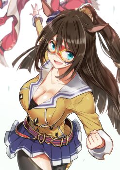 Rule 34 | 1girl, animal ears, belt, black thighhighs, blue eyes, blue skirt, breasts, brown hair, cleavage, clenched hand, coat, commentary, cowboy shot, domino mask, ear scrunchie, el condor pasa (el numero 1) (umamusume), el condor pasa (umamusume), eye mask, highres, horse ears, horse girl, jacket, large breasts, long hair, long sleeves, looking at viewer, loose belt, mask, miniskirt, open mouth, pleated skirt, ponytail, red belt, skirt, smile, solo, standing, thighhighs, throwing, umamusume, unworn coat, white background, yellow jacket, yuto (dialique)
