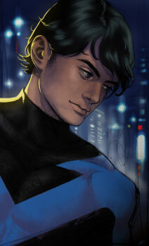 1boy batman_(series) black_hair blue_eyes bodysuit city dc_comics dick_grayson highres male_focus nightwing realistic solo