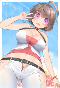 1girl absurdres ahoge autumn_leaves belt black_belt blue_sky blush border breasts brown_hair camisole cleavage commentary_request cowboy_shot criss-cross_halter day from_below halterneck harunoha highres large_breasts leaf looking_at_viewer looking_down midriff navel open_fly open_mouth original outdoors outside_border panties pants purple_eyes red_camisole red_panties sharp_teeth short_hair sky solo strapless teeth tube_top underwear v white_border white_pants white_tube_top