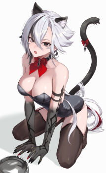 1girl absurdres alternate_costume animal_ears arlecchino_(genshin_impact) black_choker black_eyes black_hair black_hands black_leotard black_thighhighs bow bowtie breasts cat_ears cat_tail choker colored_extremities commentary_request genshin_impact highres large_breasts leotard long_hair looking_at_viewer multicolored_hair open_mouth pi_tayuko red_bow red_bowtie solo squatting strapless strapless_leotard streaked_hair symbol-shaped_pupils tail thighhighs white_background white_hair x-shaped_pupils