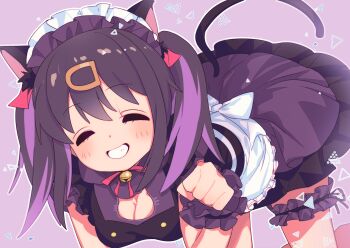 1girl ^_^ all_fours animal_ears bare_legs bell black_hair blush breasts cat_cutout cat_ears cat_tail cleavage cleavage_cutout closed_eyes clothing_cutout commentary facing_viewer frilled_thigh_strap frilled_wrist_cuffs frills grin hair_ornament hair_ribbon hairclip highres jingle_bell long_hair maid maid_headdress medium_breasts mochitsuki_kagami multicolored_hair neck_bell neck_ribbon onii-chan_wa_oshimai! outline oyama_mihari paw_pose purple_background purple_hair red_ribbon ribbon simple_background smile solo tail thigh_strap twintails two-tone_hair white_outline wrist_cuffs