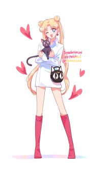 1girl animal animal_bag bishoujo_senshi_sailor_moon black_bag black_cat blonde_hair boots cat crescent crescent_facial_mark double_bun dress earrings facial_mark forehead_mark hair_bun heart heart_earrings highres holding holding_animal jewelry knee_boots long_hair looking_at_viewer luna_(sailor_moon) namisonpictures one_eye_closed open_mouth red_boots simple_background solo tsukino_usagi twintails whiskers white_background white_dress