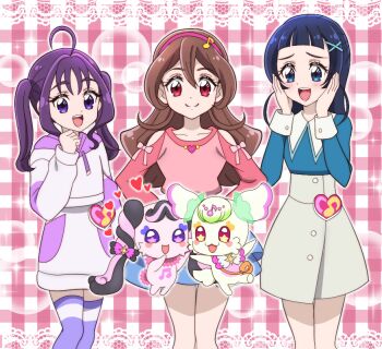 5girls :d ahoge aokaze_nana arched_bangs arms_behind_back arms_up bag bare_shoulders beamed_eighth_notes black_bow black_hair blue_eyes blue_hair blue_shirt blue_skirt blush blush_stickers bow bowtie brooch brown_hair bubble_background button_up_skirt closed_mouth clothing_cutout collar collarbone collared_shirt commentary contrast_collar cowboy_shot creature curly_hair double-parted_bangs drawstring eighth_note facial_mark fairy fortissimo fur-trimmed_collar fur_trim grey_skirt hair_bow hair_bun hair_intakes hair_ornament hairband hands_on_own_cheeks hands_on_own_face heart heart_brooch heart_brooch_holder heart_facial_mark hood hood_down hoodie idol_heart_brooch_(precure) jewelry kimi_to_idol_precure lace_background legs_together long_hair long_sleeves looking_at_another looking_at_viewer looking_down mascot medium_hair meroron_(fairy)_(precure) meroron_(precure) messenger_bag midair multicolored_bow multicolored_fur multicolored_hair multiple_girls musical_note musical_note_hair_ornament onomekaman open_mouth orange_bag outstretched_arms pink_background pink_bow pink_collar pink_fur pink_hairband pink_shirt plaid_background precure purirun_(fairy)_(precure) purirun_(precure) purple_eyes purple_hair purple_hoodie purple_skirt purple_thighhighs red_eyes sakura_uta_(precure) shigure_kokoro shirt shoulder_bag shoulder_cutout side-by-side single_hair_bun skirt sleeve_cuffs smile split_mouth spread_arms standing star-shaped_pupils star_(symbol) star_brooch star_hair_ornament symbol-shaped_pupils tail teeth thighhighs twintails two-tone_bow two-tone_fur two-tone_hair upper_teeth_only white_bow white_bowtie x_hair_ornament yellow_fur zettai_ryouiki