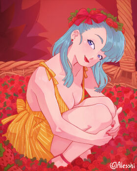 Rule 34 | 1girl, alesshiart, basket, blue eyes, blue hair, breasts, bulma, cleavage, commentary, dragon ball, dragonball z, dress, earrings, english commentary, food, food-themed earrings, food-themed hair ornament, food themed earrings, fruit, hair ornament, hashtag-only commentary, highres, hugging own legs, jewelry, lipstick, makeup, medium breasts, red lips, signature, sitting, solo, strawberry, strawberry earrings, strawberry hair ornament, striped clothes, striped dress