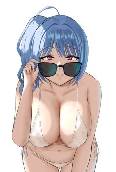 adjusting_eyewear ahoge azur_lane bikini blue_hair blush breasts cleavage commentary_request hair_intakes halterneck highres huge_breasts leaning_forward looking_at_viewer moyashix_21 navel official_alternate_costume pink_eyes side_ponytail smile st._louis_(an_afternoon_on_the_lido_deck)_(azur_lane) st._louis_(azur_lane) sunglasses swimsuit white_bikini