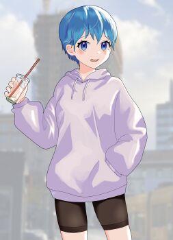 1girl absurdres black_shorts blue_eyes blue_hair blue_sky blurry blurry_background blush building city cloud comitomic commentary_request cowboy_shot cup day disposable_cup drink drinking_straw eyelashes grey_hoodie hand_in_pocket highres holding holding_cup holding_drink hood hood_down hoodie long_sleeves open_mouth original outdoors short_hair shorts sky solo very_short_hair