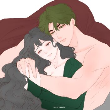 1boy 1girl absurdres alternate_costume alternate_hair_length alternate_hairstyle amanai_kanoka artist_name black_hair couple cuddling derivative_work dress green_dress haikyuu!! hetero highres hug hug_from_behind lips long_hair long_sleeves reference_work short_hair toned toned_male topless_male tsubasa19 under_the_oak_tree upper_body ushijima_wakatoshi