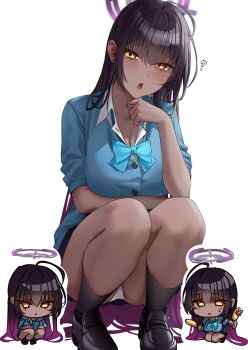 Rule 34 | 1girl, ?, absurdres, ahoge, ass, black hair, black shoes, black skirt, black socks, blue archive, blue bow, blue bowtie, blue cardigan, blush, bow, bowtie, breasts, cardigan, cleavage, collarbone, collared shirt, dark-skinned female, dark skin, gradient hair, hair between eyes, halo, highres, karin (blue archive), karin (school uniform) (blue archive), large breasts, long hair, looking at viewer, multicolored hair, open mouth, panties, purple hair, purple halo, shirt, shoes, skirt, sleeves rolled up, socks, solo, squatting, thighs, underwear, very long hair, wanne, white panties, white shirt, yellow eyes