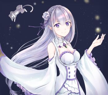 1girl animal bare_shoulders blue_background braid breasts cat closed_mouth commentary_request crown_braid dress emilia_(re:zero) flower hair_between_eyes hair_flower hair_ornament hair_ribbon hand_up highres kototomari long_hair long_sleeves looking_at_viewer medium_breasts puck_(re:zero) purple_eyes purple_hair purple_ribbon re:zero_kara_hajimeru_isekai_seikatsu ribbon smile solo_focus upper_body white_dress white_flower wide_sleeves