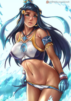 1girl bare_shoulders black_hair blue_eyes blue_hair breasts crop_top dark-skinned_female dark_skin earrings gloves jewelry kachima lips long_hair medium_breasts midriff multicolored_hair nessa_(pokemon) nintendo pokemon pokemon_swsh see-through_clothes shorts sleeveless swimsuit two-tone_hair undressing water