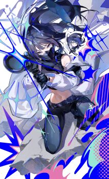 1girl absurdres assault_rifle baseball_cap black_hat black_mask blue_archive blue_eyes blue_hair blue_halo chest_harness chibi coat colored_inner_hair commentary_request commission gun halo harness hat highres holding holding_gun holding_weapon long_hair mask midriff mouth_mask multicolored_hair navel oriori_0201 rifle saori_(blue_archive) sig_516 sig_sauer skeb_commission solo weapon white_coat