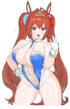 1girl alternate_costume animal_ears breasts commentary_request covered_navel cowboy_shot daiwa_scarlet_(umamusume) detached_collar gloves gluteal_fold hand_on_own_hip highleg highleg_leotard highres horse_ears horse_girl horse_tail large_breasts leotard long_hair looking_at_viewer plump red_eyes red_hair simple_background solo tail tiara twintails umamusume very_long_hair white_background white_gloves zenchou24cm