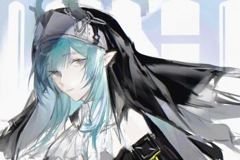 1girl absurdres arknights arknights:_endfield ascot bare_shoulders black_veil blue_eyes blue_hair collared_dress commentary cotea09 dress english_commentary grey_horns high_collar highres horn_ornament horns looking_at_viewer multicolored_eyes parted_lips pointy_ears portrait sidelocks sideways_glance simple_background sleeveless sleeveless_dress solo two-tone_eyes veil white_ascot white_dress xaihi_(arknights) yellow_eyes