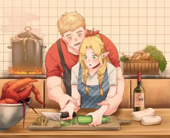 1boy 1girl apron blonde_hair blush boiling bottle bowl braid choker cooking cooking_pot counter cucumber cutting_board dungeon_meshi elf fire grabbing_another's_arm green_eyes hair_ribbon highres kettle knife laios_touden lobster long_hair looking_down mandrake_(dungeon_meshi) marcille_donato open_mouth pointy_ears ribbon short_hair smile table twin_braids upper_body yellow_eyes