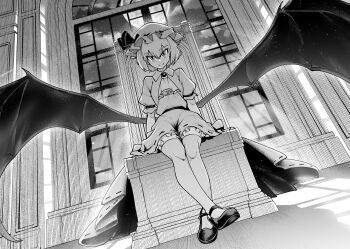 Rule 34 | 1girl, absurdres, ascot, bat wings, brooch, closed mouth, collared shirt, commentary request, fang, fang out, frilled skirt, frills, full body, full moon, greyscale, hat, hat ribbon, highres, jewelry, looking at viewer, mary janes, mob cap, monochrome, moon, okeyadeokya, on throne, puffy short sleeves, puffy sleeves, remilia scarlet, ribbon, ribbon-trimmed skirt, ribbon trim, shirt, shoes, short sleeves, sitting, skirt, smile, solo, thighhighs, touhou, window, wings
