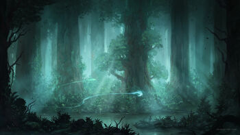 branch bush commentary english_commentary forest glowing green_theme highres jjcanvas landscape leaf nature original painterly pond rock scenery spirit tree water watermark web_address will-o'-the-wisp_(mythology)