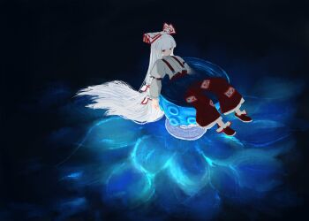 Rule 34 | 1girl, baggy pants, bow, collared shirt, commentary request, cup, dark, footwear bow, from above, fujiwara no mokou, full body, glowing liquid, grey shirt, hair bow, hair spread out, highres, long hair, long sleeves, lying, ofuda, ofuda on clothes, on back, original, pants, partially submerged, red eyes, red pants, red shoes, ritsuzou, shirt, shoes, sidelocks, solo, suspenders, underlighting, very long hair, white hair