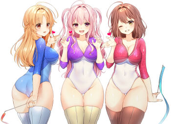 3girls :d blonde_hair blue_leotard breasts brown_eyes brown_hair brown_thighhighs cleavage closed_mouth girlfriend_(kari) gymnastics heart kagami_matsuri kanbesan160 large_breasts leotard long_hair multicolored_leotard multiple_girls one_eye_closed open_mouth pink_hair pink_leotard purple_leotard red_eyes rhythmic_gymnastics ribbon ribbon_baton sasahara_nonoka shiina_kokomi short_hair smile thighhighs two-sided_fabric white_background white_leotard white_thighhighs yellow_thighhighs