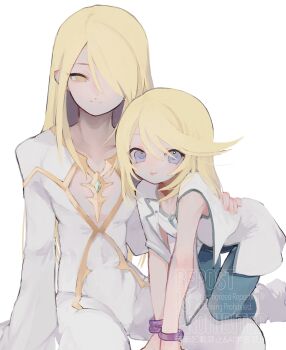 2boys :p absurdres blonde_hair blue_eyes bodysuit bracelet chest_jewel cleavage_cutout clothing_cutout commentary_request dual_persona hair_between_eyes hair_over_one_eye hand_on_another's_back highres jewelry long_hair long_sleeves looking_at_another male_focus mithos_yggdrasill multiple_boys nancykittyu pants shirt simple_background sitting sleeveless smile tales_of_(series) tales_of_symphonia tongue tongue_out white_background white_bodysuit yellow_eyes