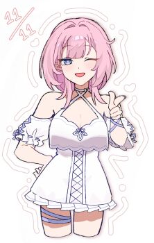 1girl absurdres bare_shoulders blue_eyes breasts cleavage commentary_request cropped_legs dated dress elysia_(honkai_impact) highres honkai_(series) honkai_impact_3rd large_breasts long_hair looking_at_viewer official_alternate_costume pink_hair pointing pointing_at_viewer simple_background solo sui_mei very_long_hair white_background white_dress