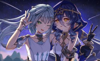 2girls absurdres aqua_hair aqua_nails arm_around_shoulder blue_hair blue_sleeves blue_veil bright_pupils detached_sleeves dress drill_hair fake_claws faruzan_(genshin_impact) genshin_impact gloves green_eyes hair_ornament highres layered_dress layla_(genshin_impact) long_hair looking_at_viewer multicolored_dress multiple_girls nail_polish orange_eyes shooting_star smile symbol-shaped_pupils tioid triangle-shaped_pupils twintails upper_body v veil white_dress white_pupils x_hair_ornament